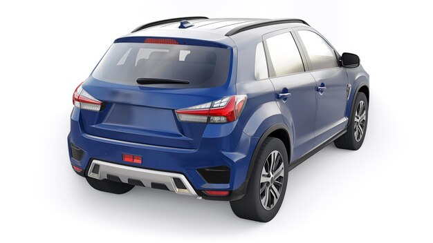 Blauer kompakter urbaner SUV auf einem weißen einheitlichen Hintergrund mit einem leeren Körper für Ihr Design 3D-Rendering