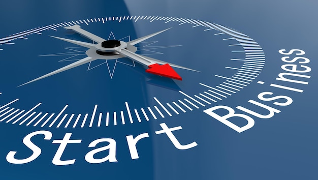 Blauer Kompass mit Start Business-Wort