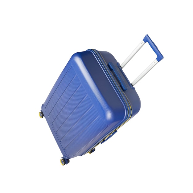 Blauer Kunststoff-Trolley-Reisetasche mit isolierter Metallhandschwelle auf weißem Hintergrund