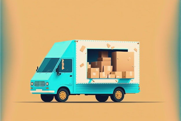 Blauer Lieferwagen mit Kartons, gelber Hintergrund. Generative KI