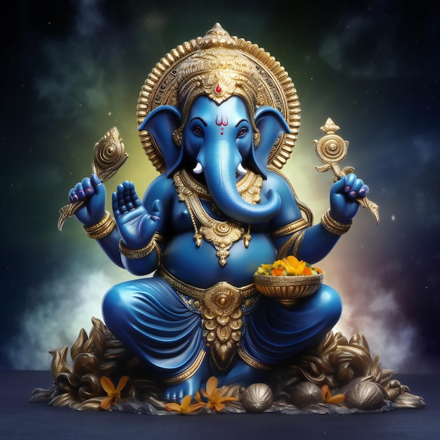 Blauer Lord Ganesha mit goldenem Halo auf kosmischem Hintergrund