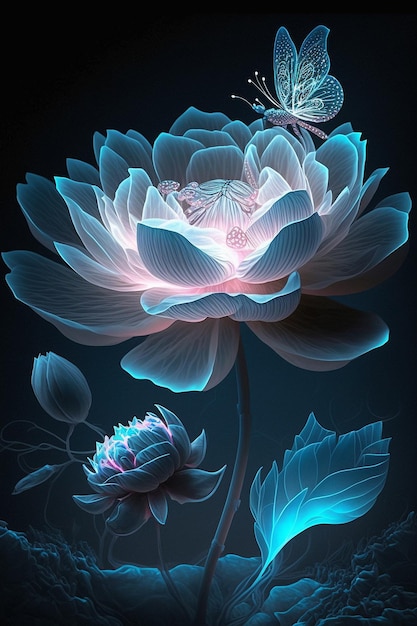 Blauer Lotus, blinkende Nacht, leuchtendes schönes Hintergrundbild, KI-generierte Kunst