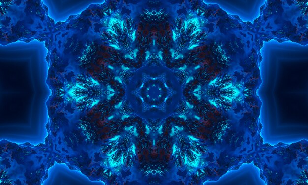 Blauer Marinekaleidoskopmusterzusammenfassungshintergrund. Kreismuster. Abstrakter fraktaler Kaleidoskophintergrund. Geometrische symmetrische Verzierung des abstrakten Fraktalmusters. Kaleidoskop blaues Muster.