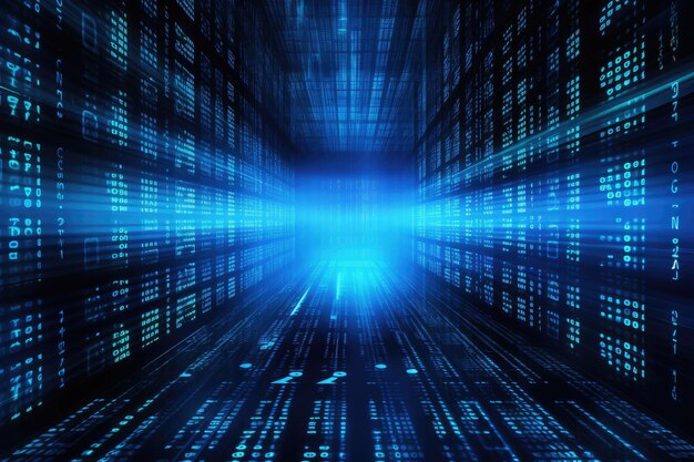 Blauer Matrix digitaler Hintergrund Abstraktes Cyberspace-Konzept 3D-Rendering Abstrakt digitaler Serverhintergrund mit Binärcode und KI-Algorithmen, die im Hintergrund laufen KI generiert
