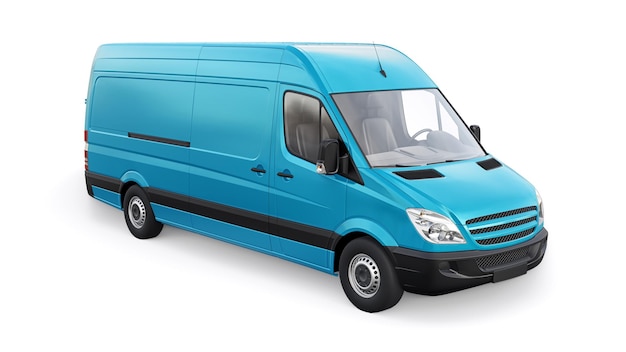 Blauer mittelgroßer Lieferwagen auf weißem Hintergrund Ein leerer Körper zum Anbringen Ihrer Designbeschriftungen und Logos 3D-Darstellung