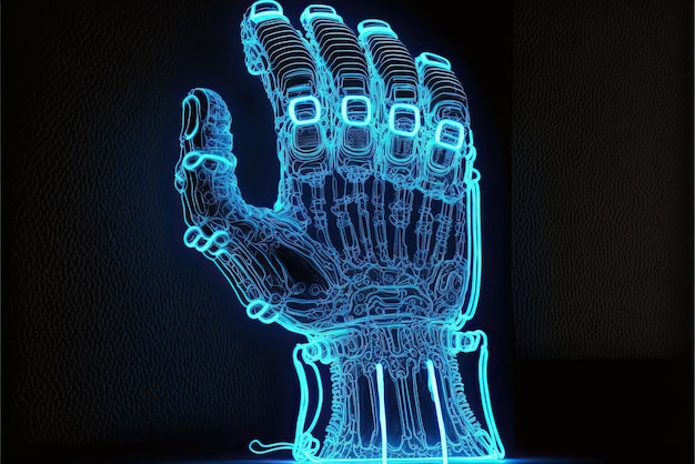 Blauer neonfarbener Roboterarm oder mechanische Hand mit 5 Fingern im Labor Die Zukunft von Robotern und Robotik KI Künstliche Intelligenz und maschinelles Lernen KI generativ