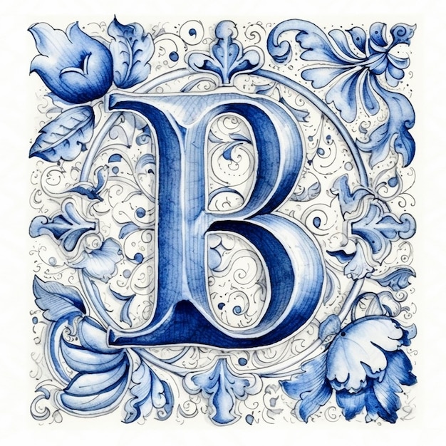 Blauer niederländischer Buchstabe B im Delfter Stil, erstellt mit generativer KI