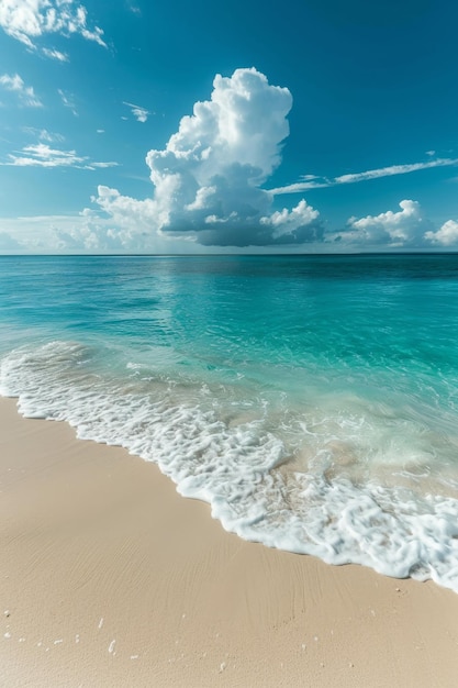 Blauer Ozean, Sand und blauer Himmel Generative KI