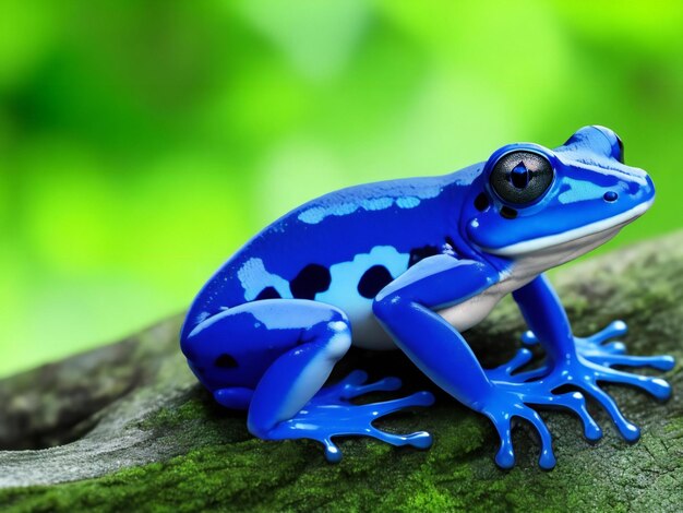 Foto blauer pfeilgiftfrosch, der auf einem baum sitzt und im freien wegschaut, wird durch ki erzeugt