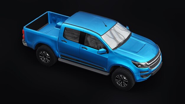 Blauer Pickup-Auto auf weißem Hintergrund. 3D-Rendering.