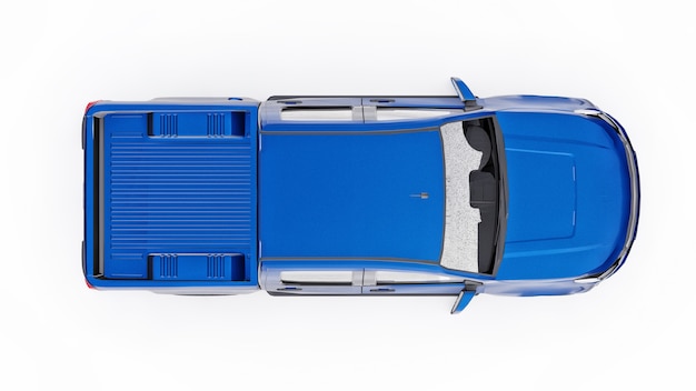 Blauer Pickup-Auto auf weißem Hintergrund. 3D-Rendering.