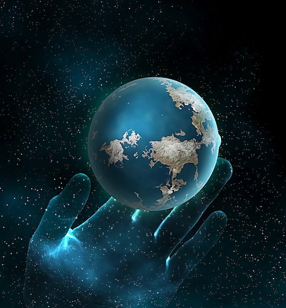 Blauer Planet und die Hand im Weltraum