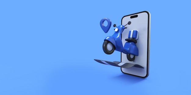 Blauer Roller, der vor blauem Hintergrund aus dem Smartphone herausspringt, Online-Lieferkonzept, 3D-Rendering