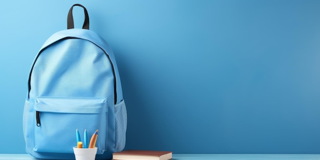 Blauer Rucksack und Schreibwaren auf blauem Wandhintergrund Back-to-School-Konzept