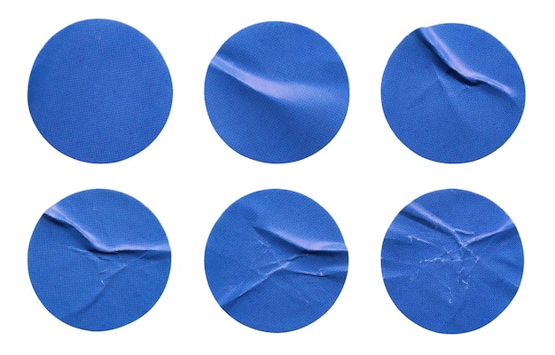 Foto blauer runder papieraufkleber-etikettensatz lokalisiert auf weißem hintergrund