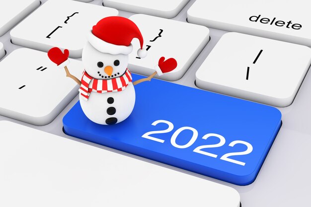 Blauer Schlüssel des neuen Jahres 2022 mit Schneemann auf extremer Nahaufnahme der weißen PC-Tastatur. 3D-Rendering