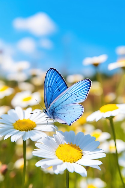 Blauer Schmetterling auf einer Gänseblümchenblume aus nächster Nähe an einem strahlend sonnigen Tag in der Natur