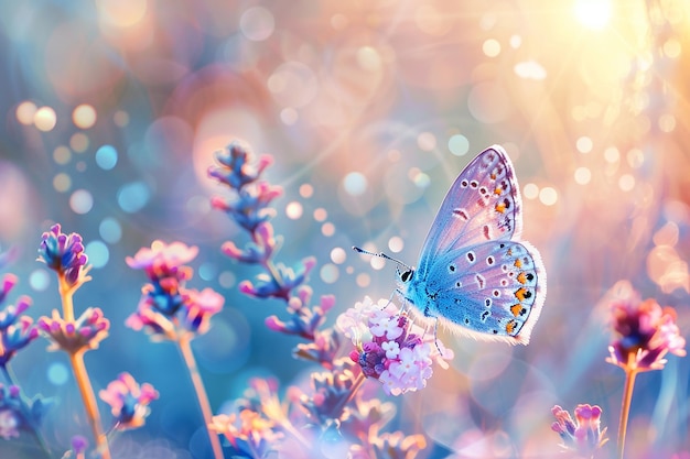 Blauer Schmetterling fliegt in der morgendlichen Natur