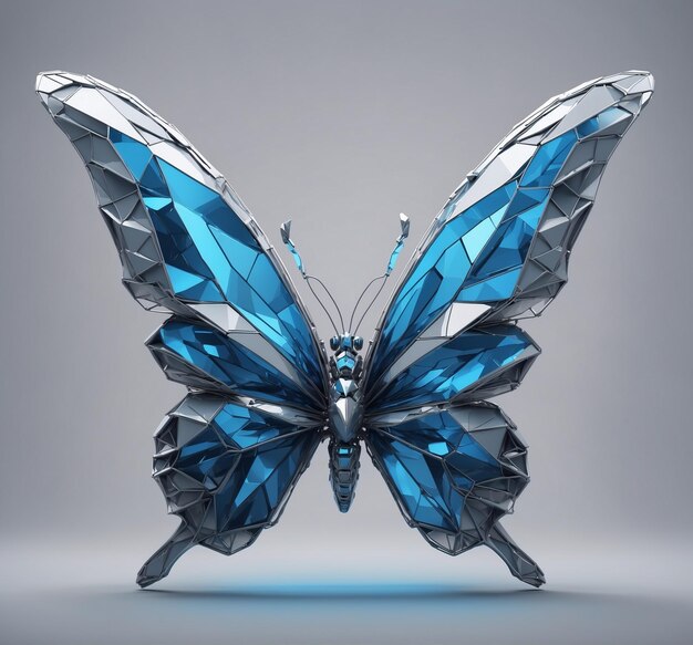 Blauer Schmetterling isoliert auf grauem Hintergrund 3D-Rendering-Illustration mit Abschnittspfad