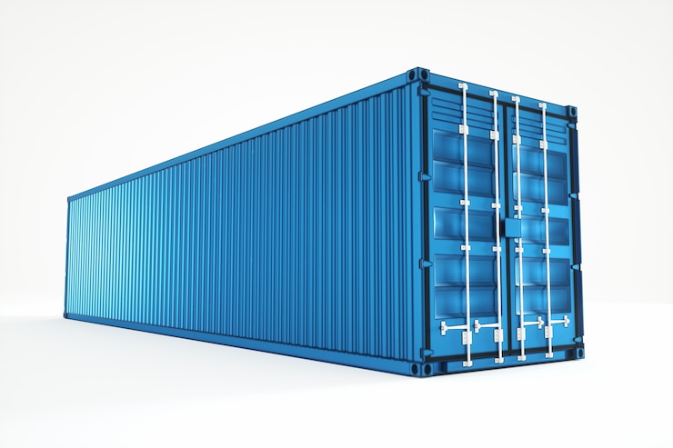 Foto blauer seebehälter lokalisiert auf weißer wand. das konzept von logistik, lieferung, online-shop, produktion. 3d-rendering, 3d-visualisierung, 3d-illustration.