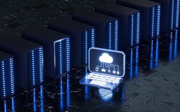 Blauer Serverraum Big Data und Cloud-Computing-Konzept 3D-Rendering