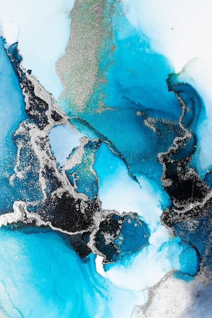 Blauer silberner abstrakter Hintergrund der Kunstmalerei der flüssigen Marmortinte auf Papier.