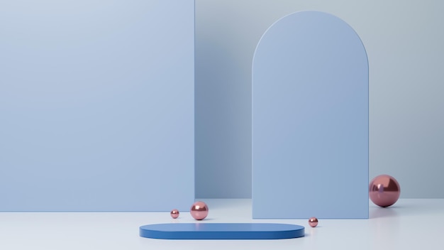 Blauer Sockel für die Produktpräsentation mit geometrischen Formen im Hintergrundpodium 3D-Rendering