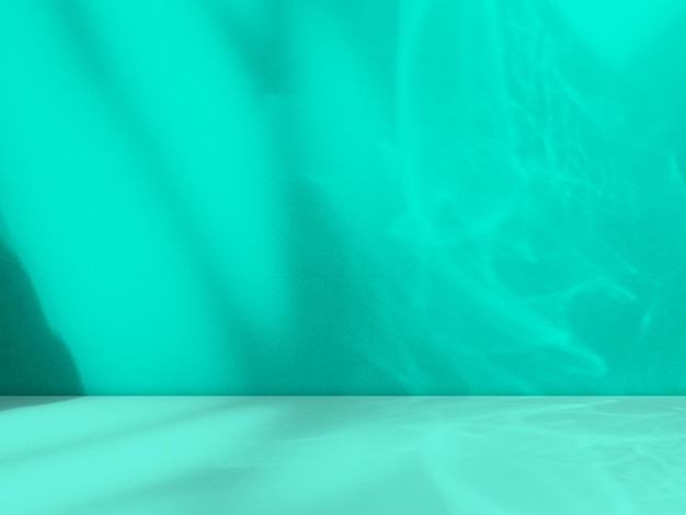 Blauer Sommer-Studio-Raum-Hintergrund, cyan-grünes Schattenblatt auf der Wand, Boden, Tischprodukt, kosmetische tropische abstrakte Overlay-Blume auf 3D-Podium-Attrappe, Plattform-Vorlage, Küchenraum, leere Anzeige