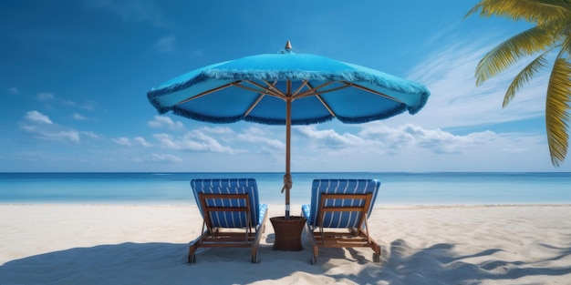 Blauer Sonnenschirm mit Liegestühlen am tropischen Strand, blauer Himmelshintergrund, generative KI