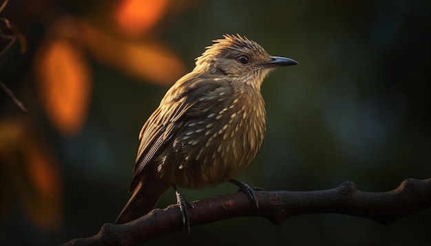 Foto blauer spatz, der auf einem zweig sitzt, gelbes auge im von ki erzeugten fokus