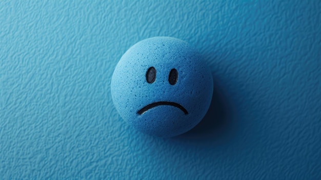 Foto blauer stressball mit traurigem gesicht auf blauem hintergrund