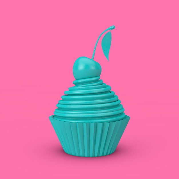 Blauer Sundae Ice Cream Cupcake mit Kirsche im Duotone-Stil auf rosa Hintergrund. 3D-Rendering