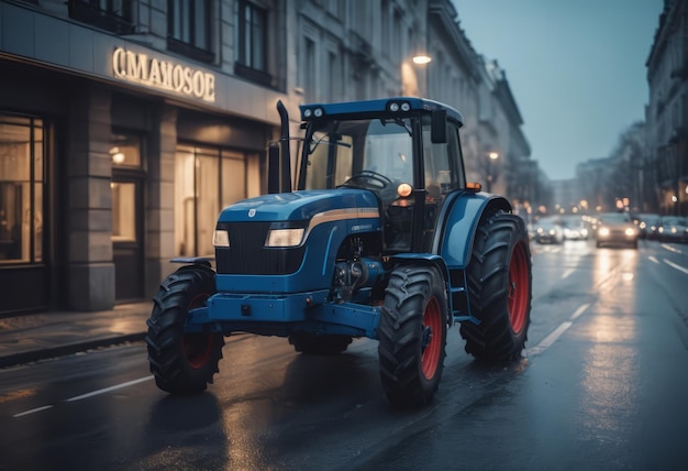 Blauer Traktor auf der Straße mit Frontlader in den Luftgebäuden innerhalb der Stadt im Hintergrund