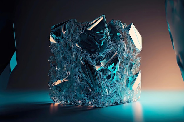 Blauer transparenter Kristall auf dem Tisch als 3D-Render abstrakter geometrischer Hintergrund generative ai