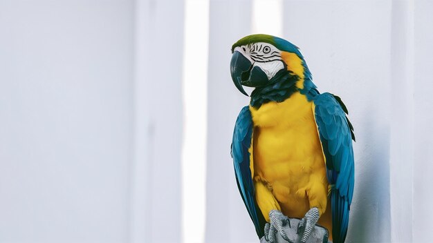 Blauer und gelber Aras vor einem weißen Hintergrund