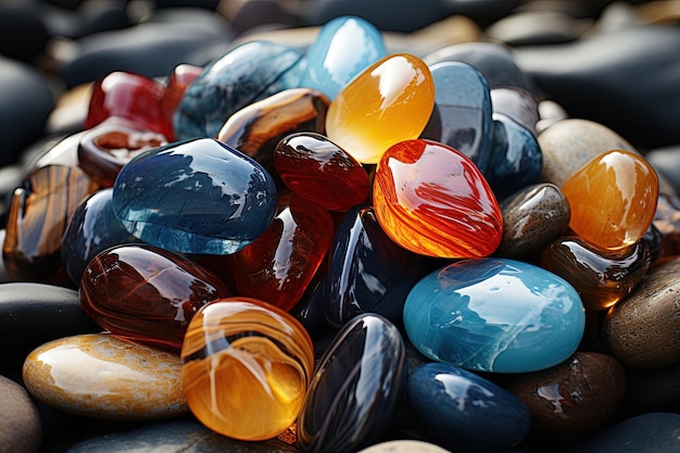 Blauer und gelber Stein-Hintergrund mit Strand Edelsteinen durchsichtige Meeressteine farbenfrohe Edelsteine Fels