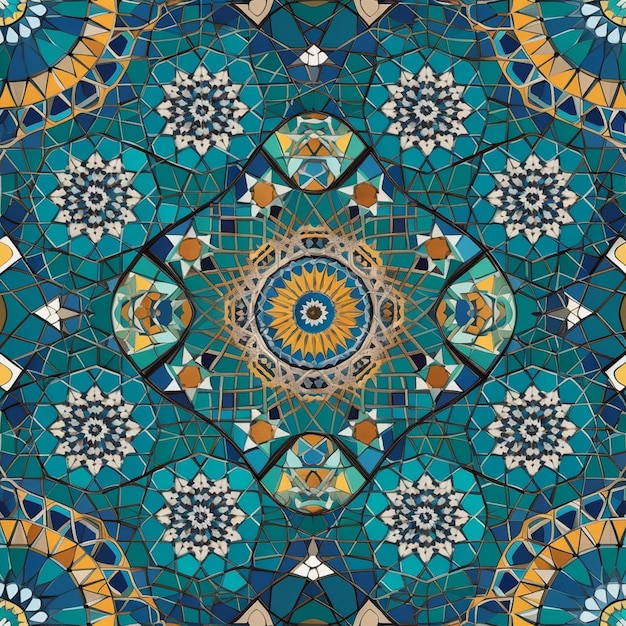 Blauer und goldener Mosaikhintergrund mit einem Muster aus geometrischen Formen und Blumen.