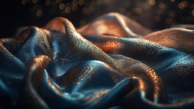 Blauer und goldener Stoff in gewelltem Bokeh Abstrakter Hintergrund Generative KI