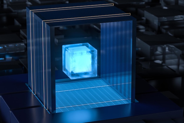 Blauer und goldener Würfel mit Glasmaterial 3D-Rendering