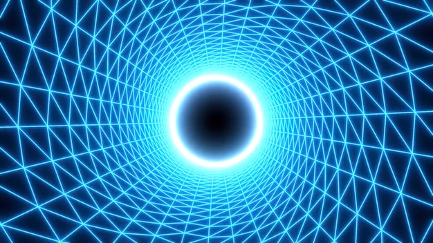 Blauer und rosa Hintergrund Bewegung ein heller Tunnel aus einem Gitter auf einem schwarzen Hintergrund, der sich tief bewegt