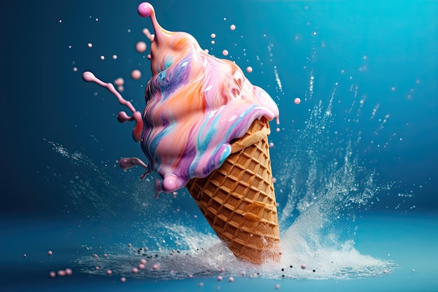 Blauer und rosafarbener Milchshake in Pastelltönen, der auf einer Eistüte vor blauem Hintergrund spritzt. Generative KI