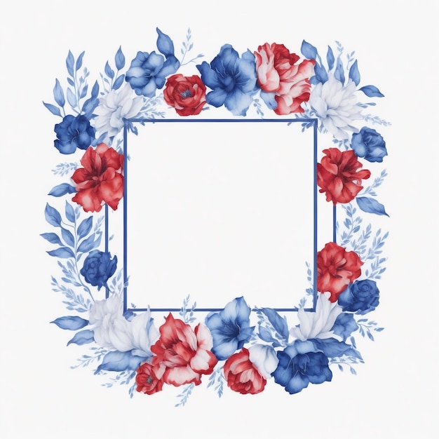 Blauer und roter Aquarell-Blumenrahmen quadratischer Form Blumenrahmen KI-generiert