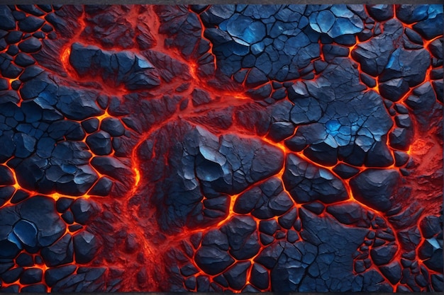 Foto blauer und roter lava-texturhintergrund leuchtender lava-texturhintergrund magma-fluss lava-fluss risse lava ai generativ