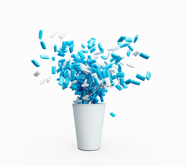 Blauer und weißer Kaugummi, der aus einem Becherbehälter verschüttet wird, isoliert auf weißem Bonbons verschüttete 3D-Darstellung