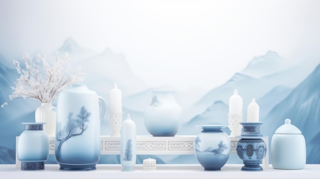 Blauer und weißer Porzellan-Jade-Berglandschaftshintergrund, KI-generiert