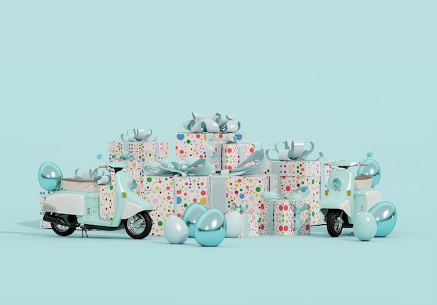 Blauer Vintage-Scooter mit Geschenkbox für einen glücklichen Ostertag Osterlieferung mit farbenfrohen Ostereiern