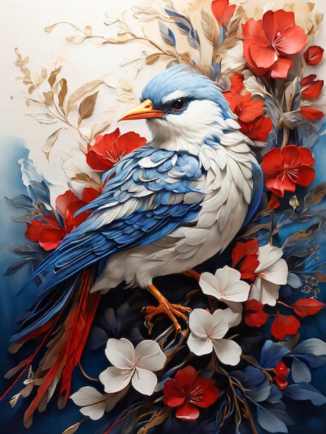Blauer Vogel sitzt auf einem Zweig eines Baumes mit roten Blumen
