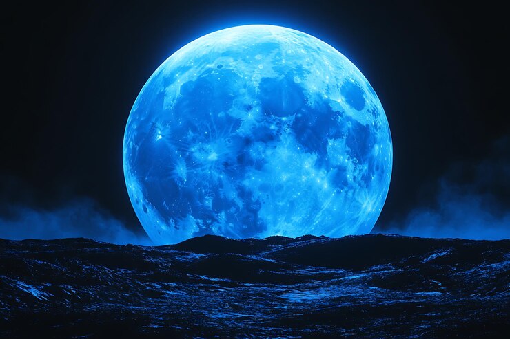 Blauer Vollmond über den Wellen des Ozeans