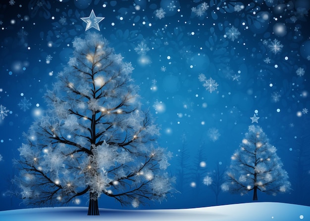 Blauer Weihnachts-Hintergrund mit Baum und Schneeflocken