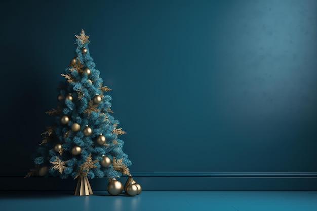 Blauer Weihnachtsbaum mit goldenen Kugeln und einem goldenen Stern an der Spitze